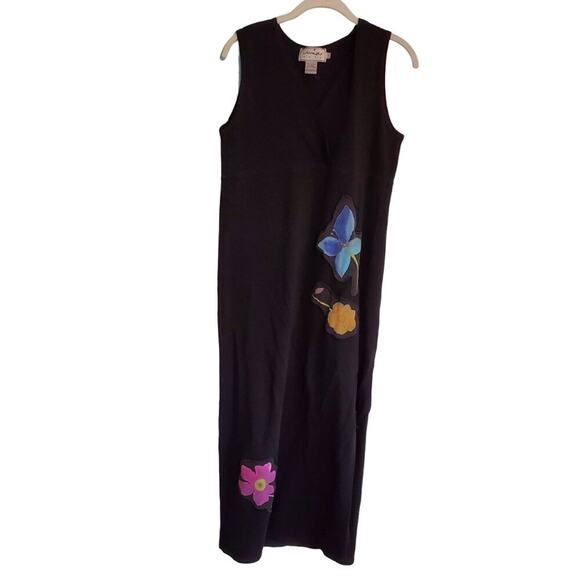 Vintage 90s Black Floral Embroidered Sleeveless Maxi Dress V Neck Cottagecore - Picture 1 of 12